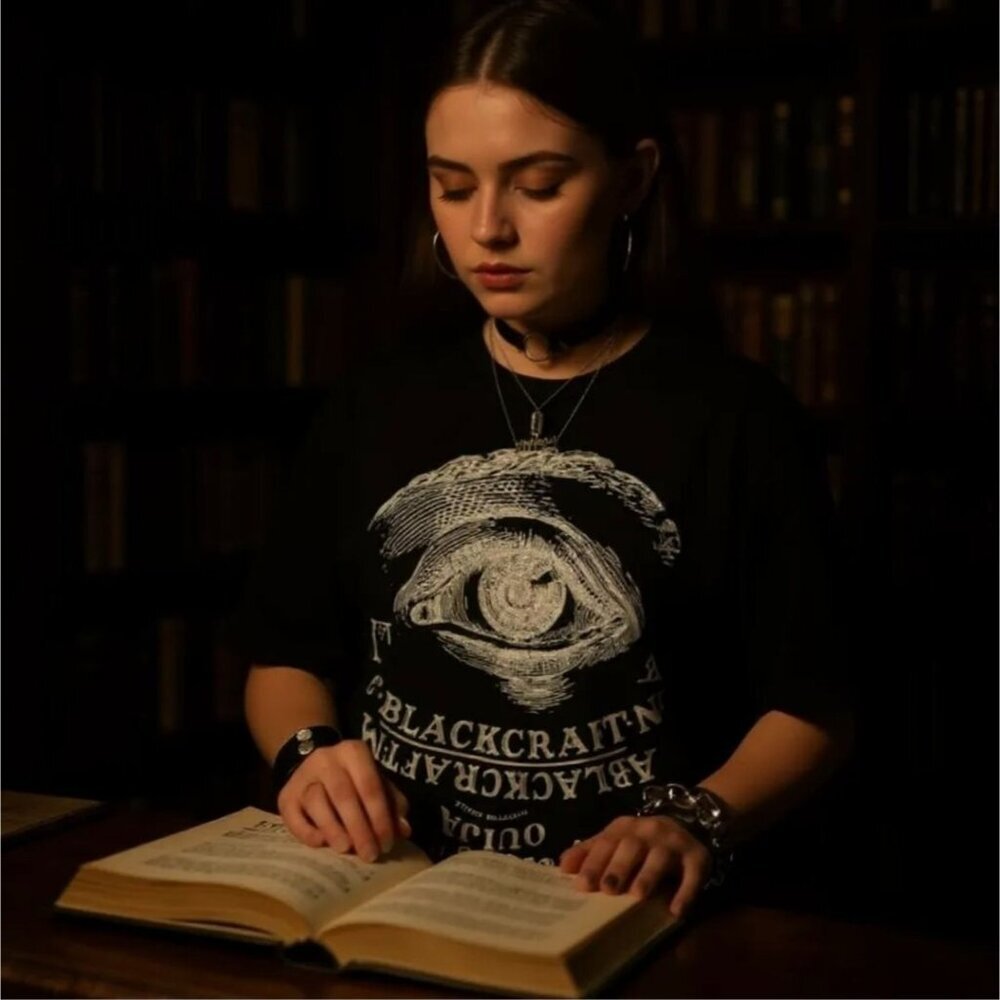 Blackcraft ✦ Ouija Eye Graphic Tee ✦ Black White Occult Print Unisex Cotton XS - Picture 6 of 7